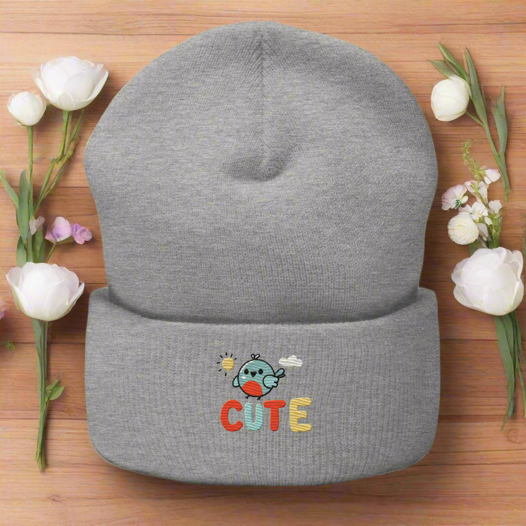 Spring-Ready Cuffed Beanie with Cheerful Robin Embroidery