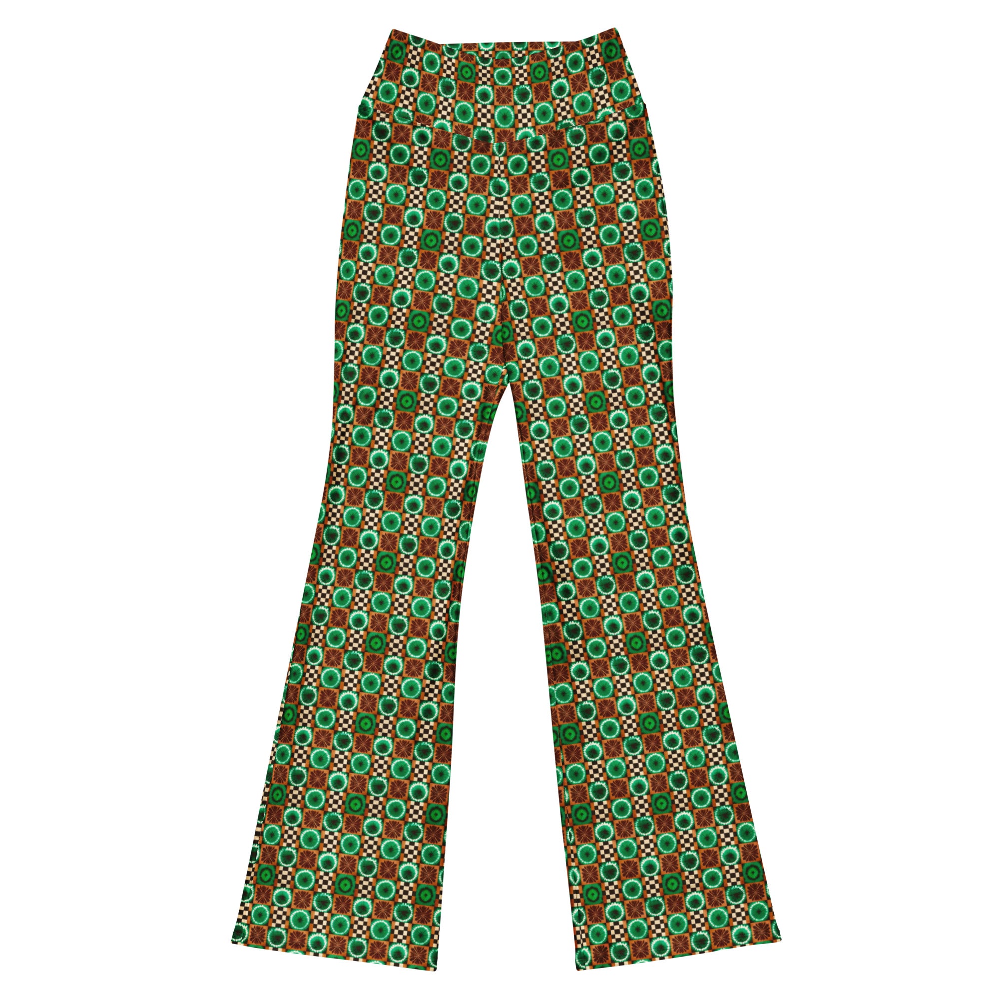 High-rise flared leggings in forest race pattern, front view showing vibrant green design.