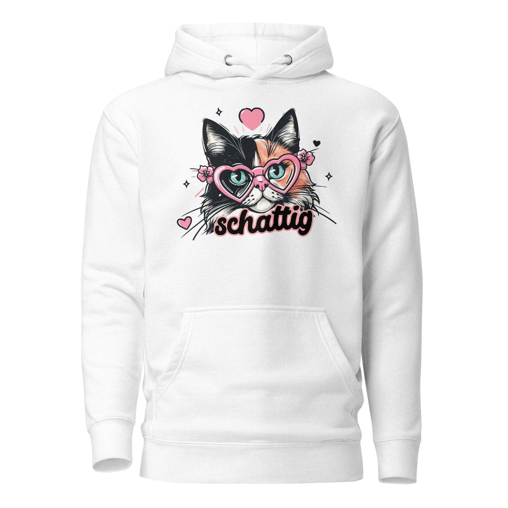 Front mockup of the Erdegora premium white hoodie featuring the "Schattig" cat design with heart-shaped glasses and floral accents.