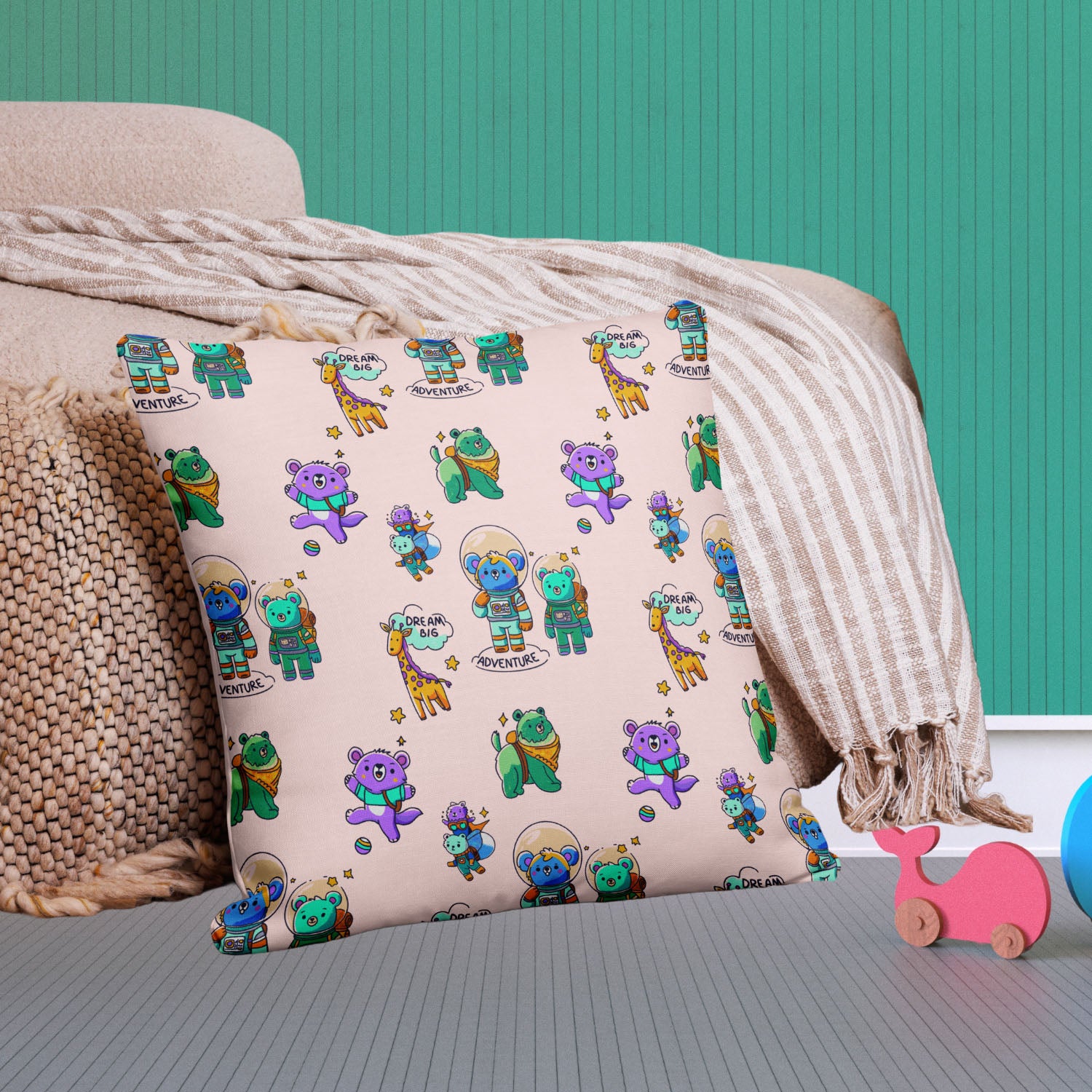 Premium polyester pillowcase in Misty Rose color with a dreamy animal-themed design and the phrase ‘Dream Big Adventure’ printed on the front.