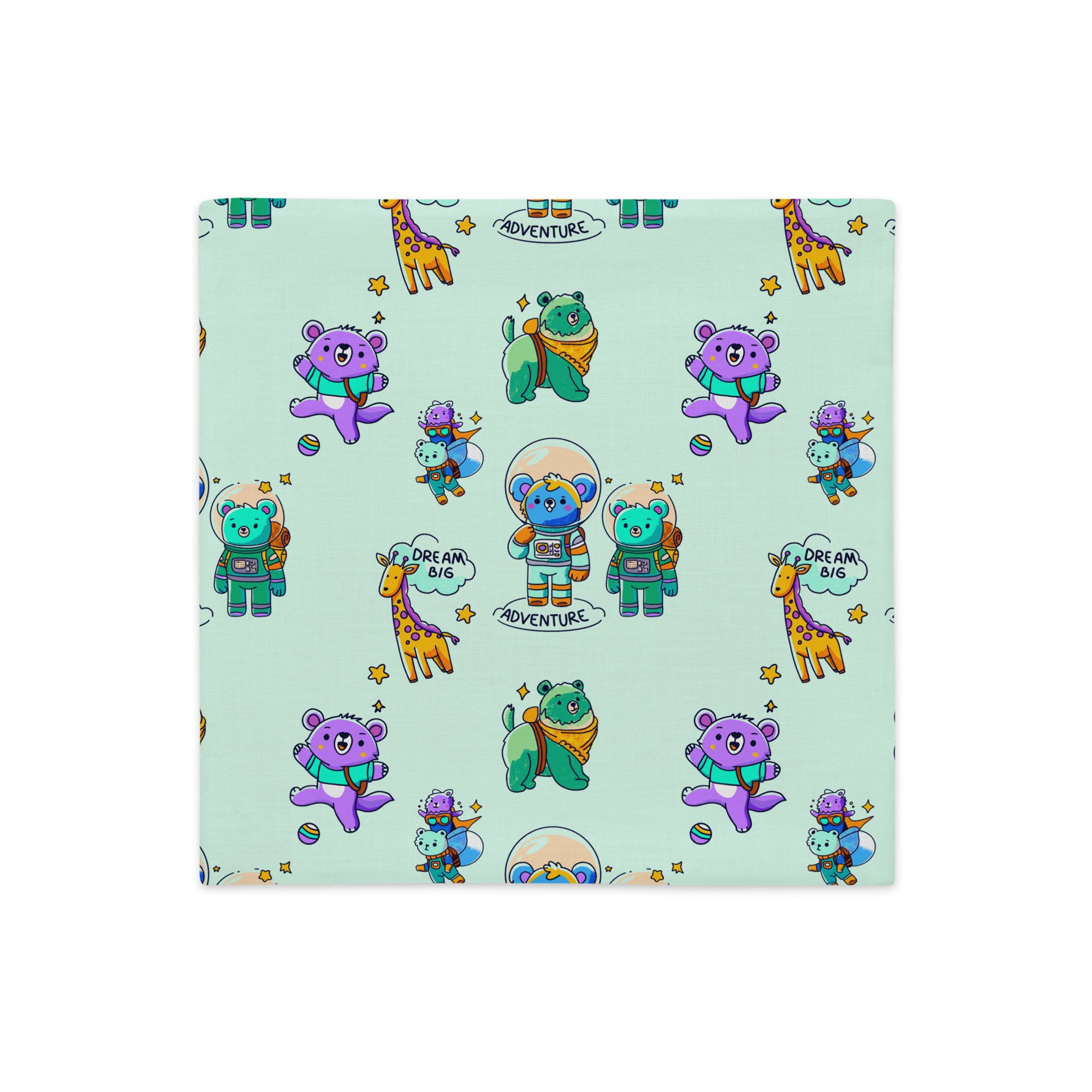 Seamless humming-bird background covered with cartoon bears in space suits, playful purple and green bears tossing a ball, friendly giraffes, little stars, and the hand-lettered words ‘ADVENTURE’ and ‘DREAM BIG’.