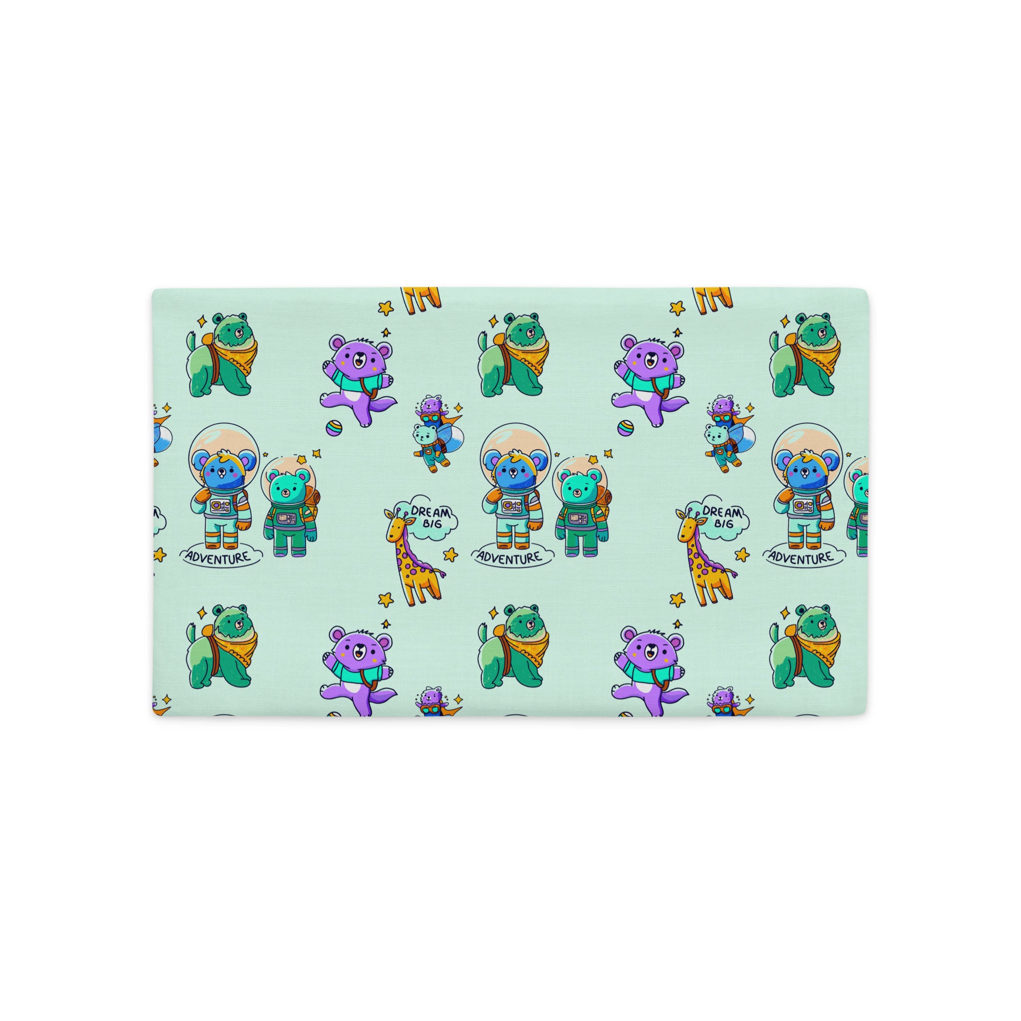 Seamless humming-bird background covered with cartoon bears in space suits, playful purple and green bears tossing a ball, friendly giraffes, little stars, and the hand-lettered words ‘ADVENTURE’ and ‘DREAM BIG’.