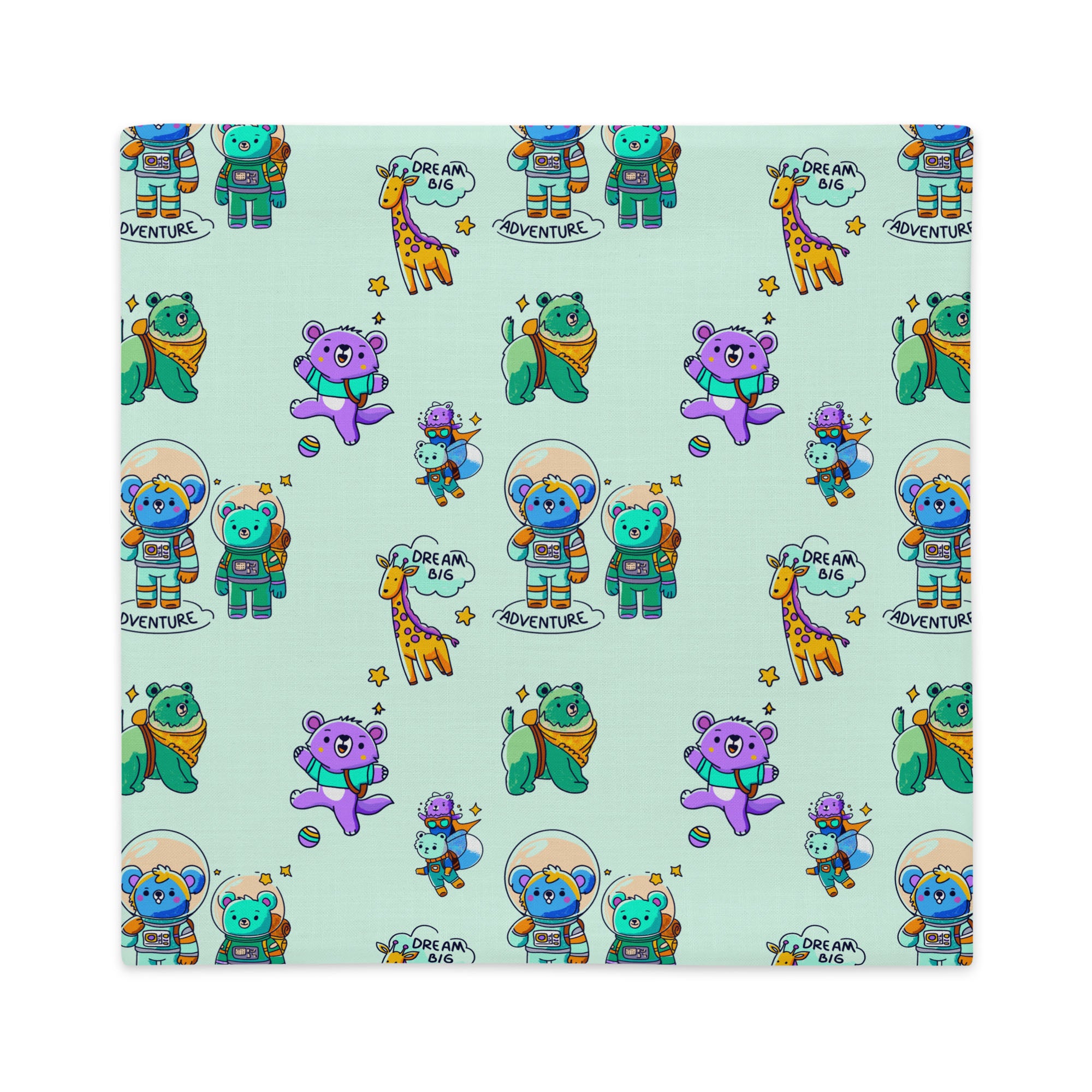 Seamless humming-bird background covered with cartoon bears in space suits, playful purple and green bears tossing a ball, friendly giraffes, little stars, and the hand-lettered words ‘ADVENTURE’ and ‘DREAM BIG’.