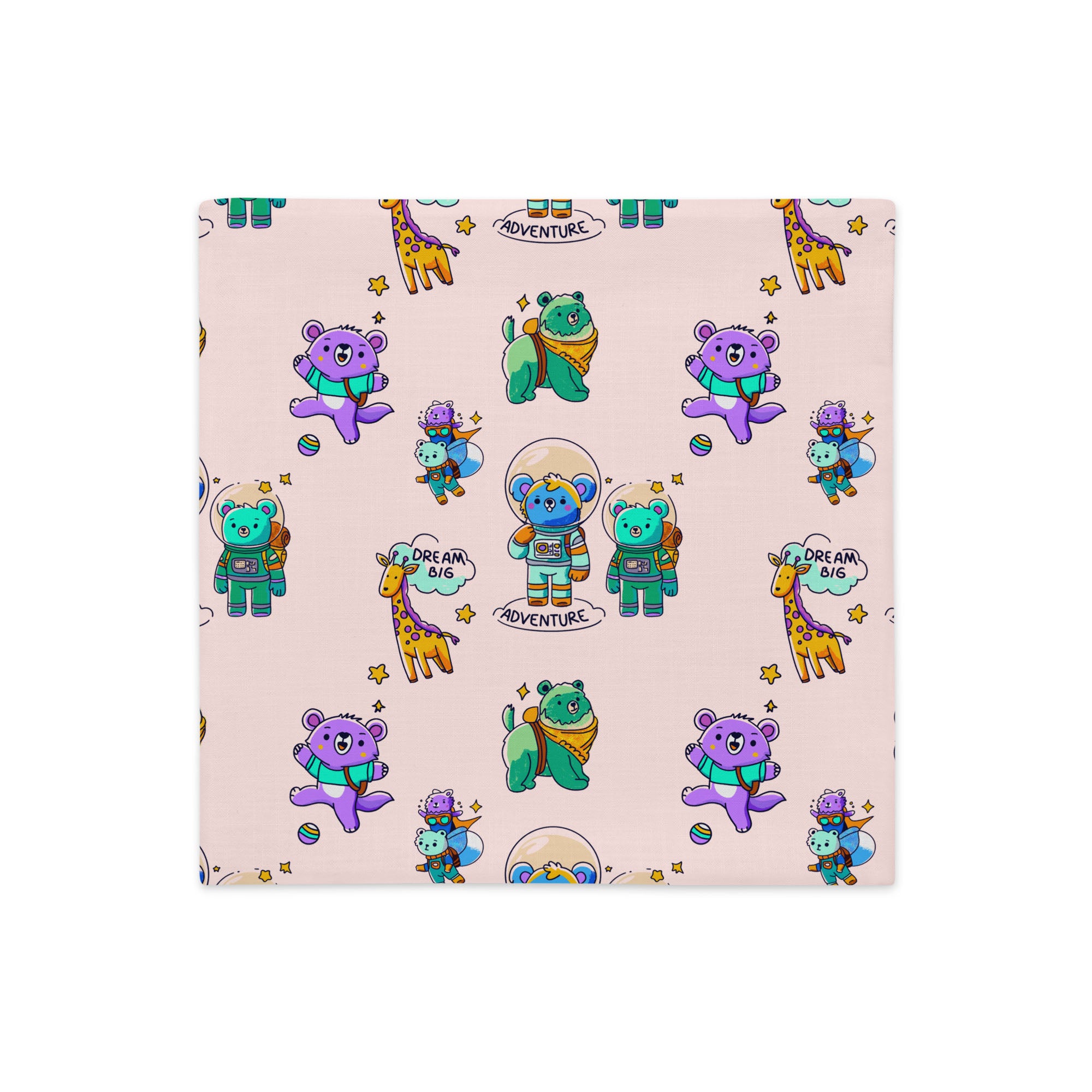 Seamless pale-pink pillow case covered with cartoon bears in space suits, playful purple and green bears tossing a ball, friendly giraffes, little stars, and the hand-lettered words ‘ADVENTURE’ and ‘DREAM BIG’.