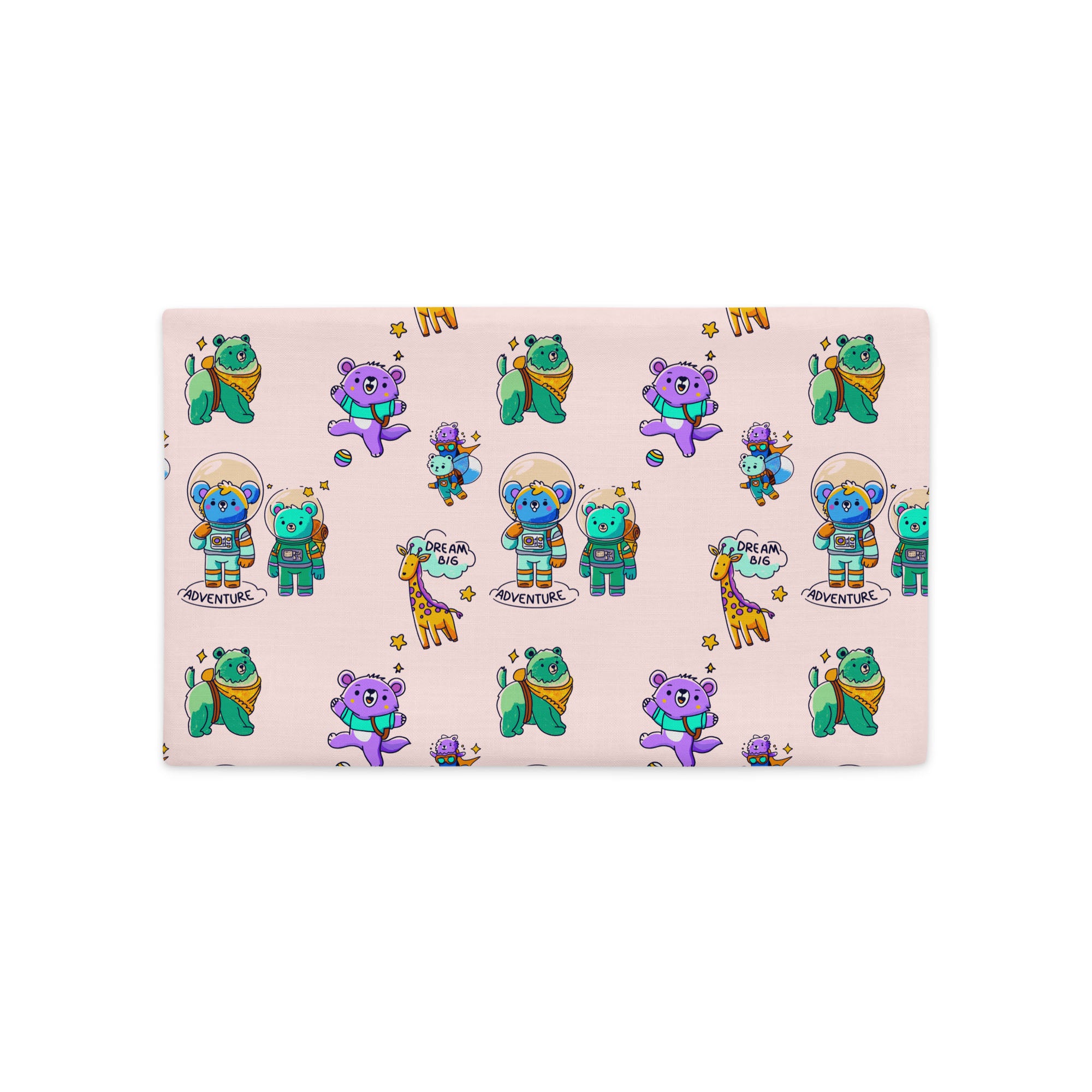 Seamless pale-pink background covered with cartoon bears in space suits, playful purple and green bears tossing a ball, friendly giraffes, little stars, and the hand-lettered words ‘ADVENTURE’ and ‘DREAM BIG’.