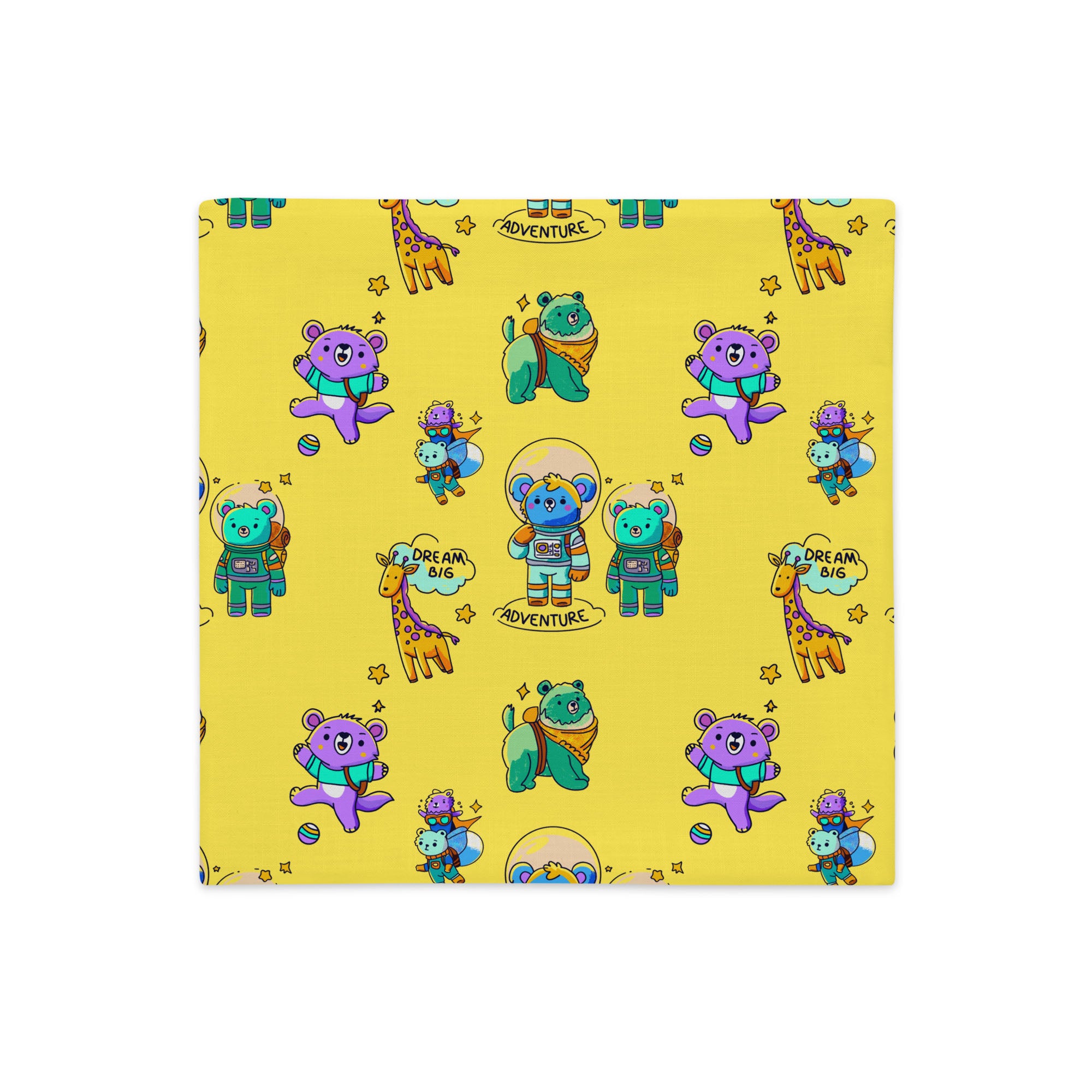 Seamless yellow background covered with cartoon bears in space suits, playful purple and green bears tossing a ball, friendly giraffes, little stars, and the hand-lettered words ‘ADVENTURE’ and ‘DREAM BIG’.