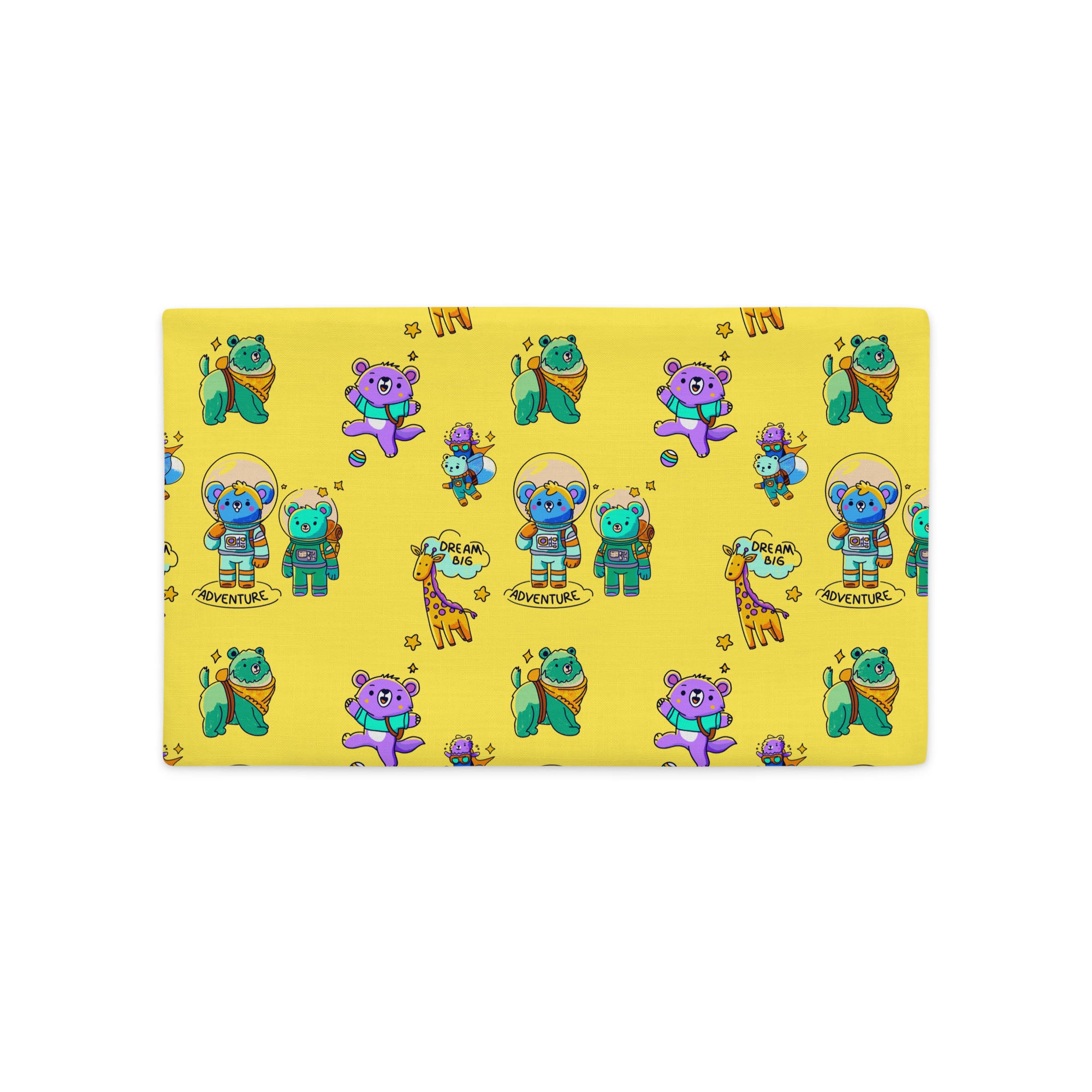Seamless yellow background covered with cartoon bears in space suits, playful purple and green bears tossing a ball, friendly giraffes, little stars, and the hand-lettered words ‘ADVENTURE’ and ‘DREAM BIG’.