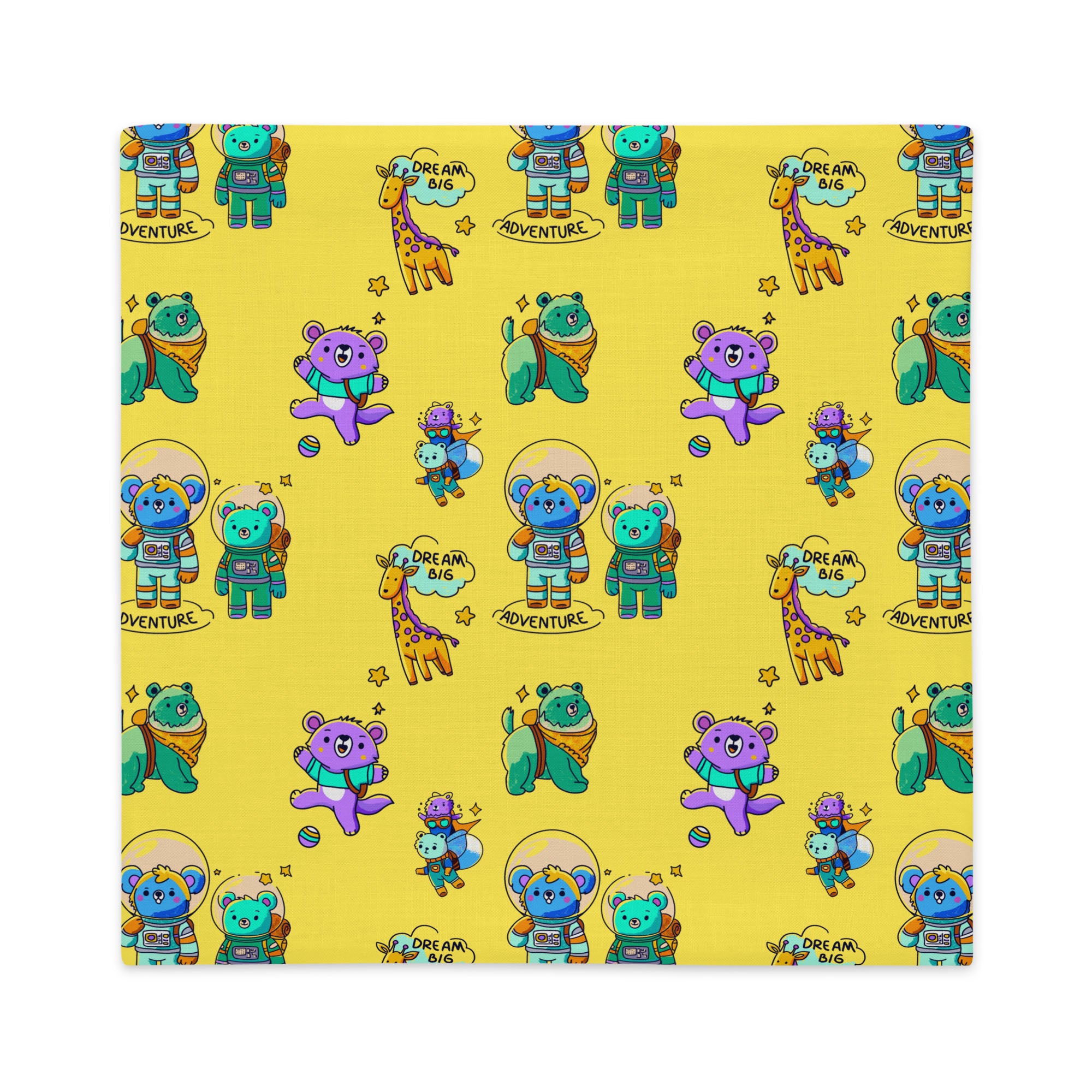 Seamless yellow background covered with cartoon bears in space suits, playful purple and green bears tossing a ball, friendly giraffes, little stars, and the hand-lettered words ‘ADVENTURE’ and ‘DREAM BIG’