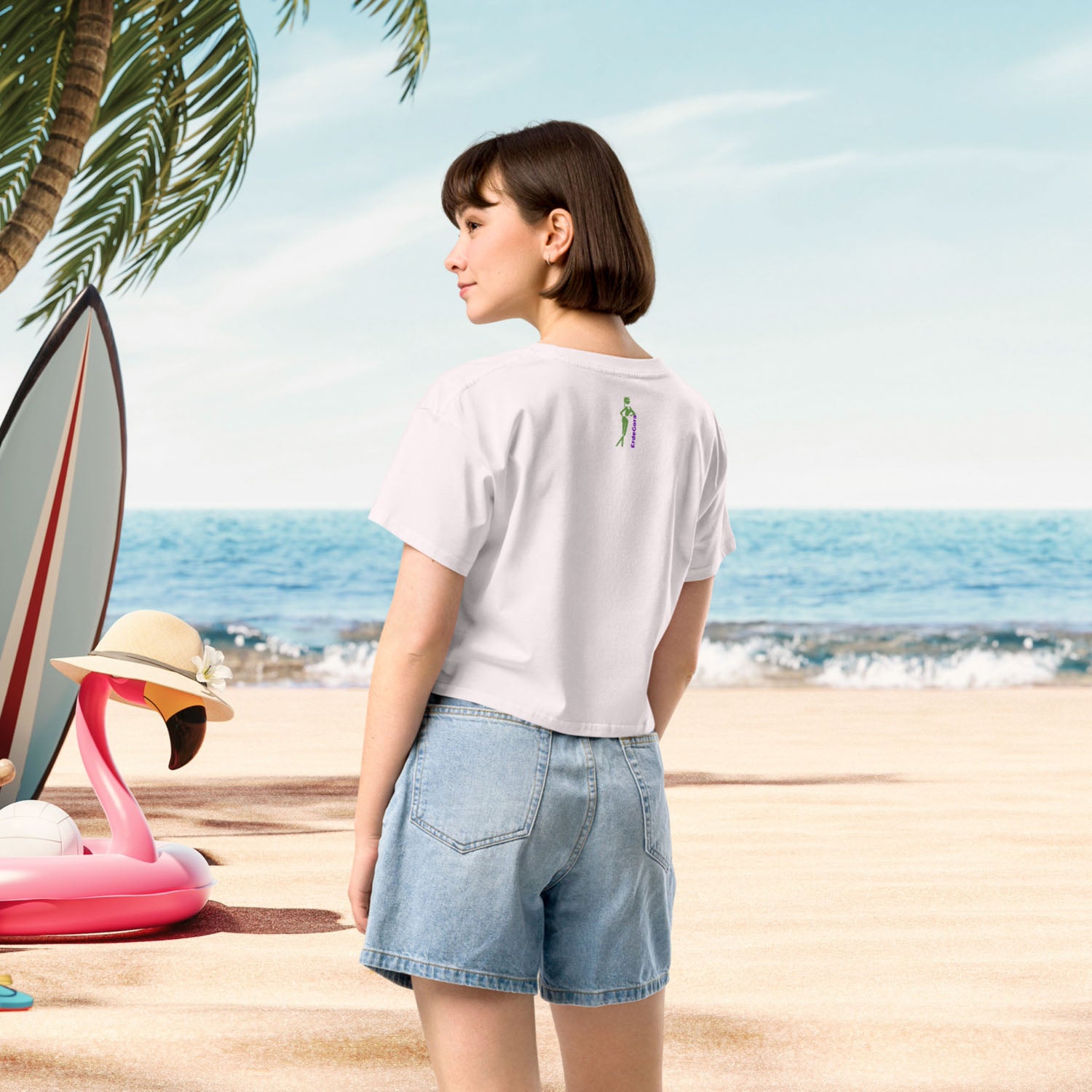 Back view of the Y2K Beach Patrol crop tee in Orchid, featuring a minimalist ErdeGora logo printed below the neckline. Simple and clean design with a relaxed fit and short sleeves.