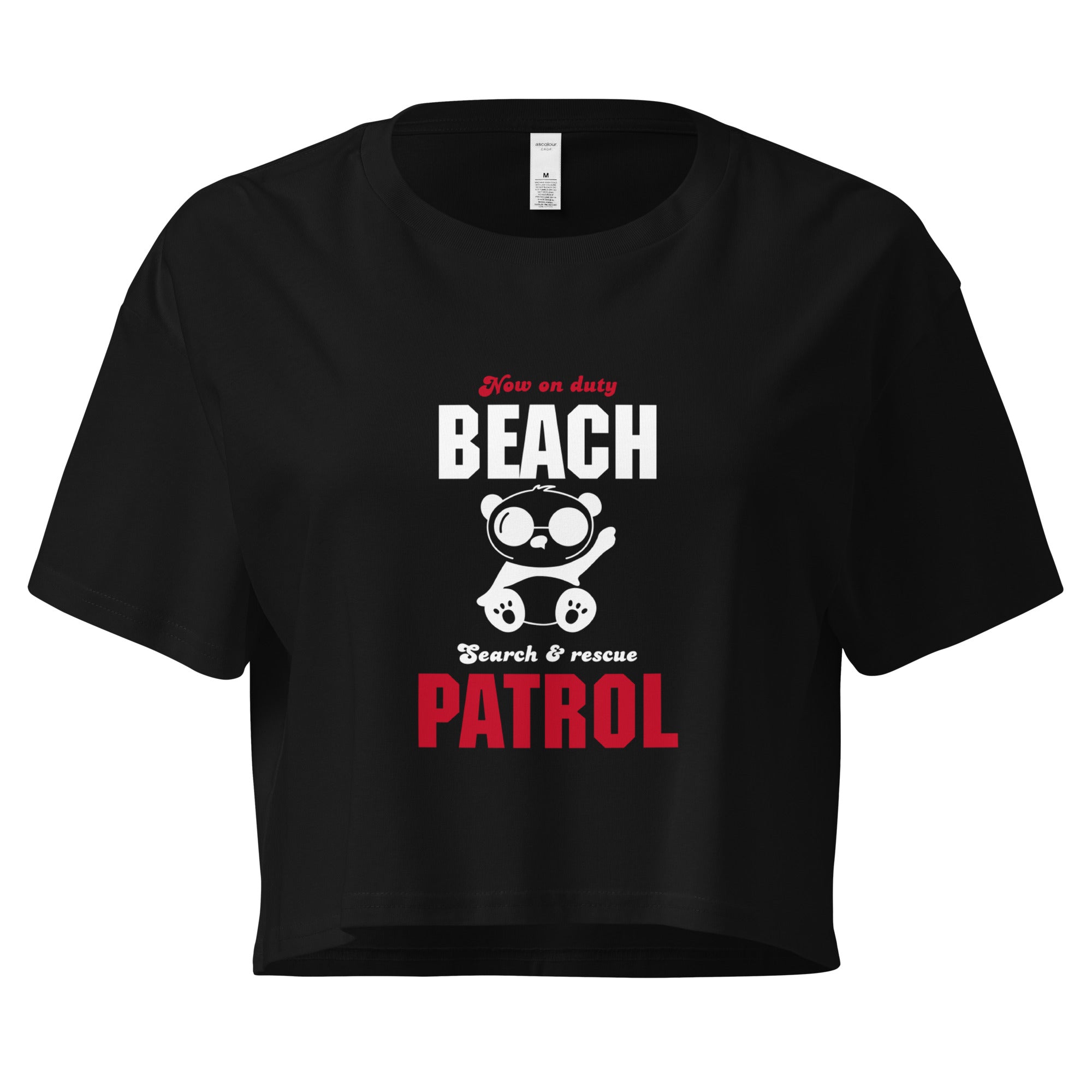 Product mockup front view black crop top front view beach patrol search and rescue panda