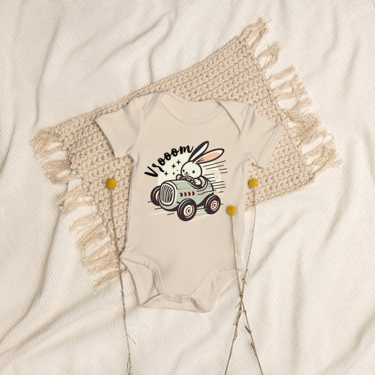 Organic Cotton Baby Bodysuit Racing Vrooom Rabbit - ErdeGora