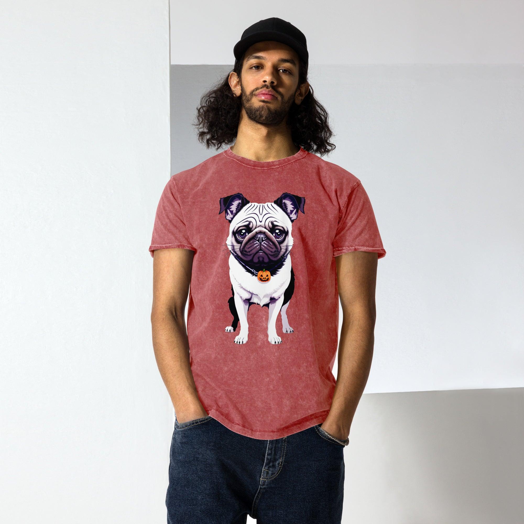 man wearing the red denim tshirt, pug pup design wearing a pumpkin neckless front view