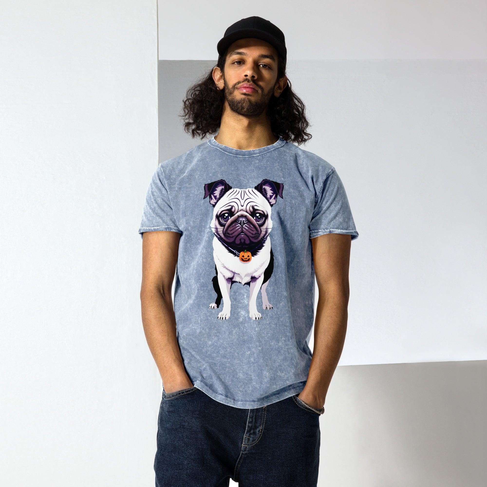 man wearing the blue denim tshirt, pug pup design wearing a pumpkin neckless front view