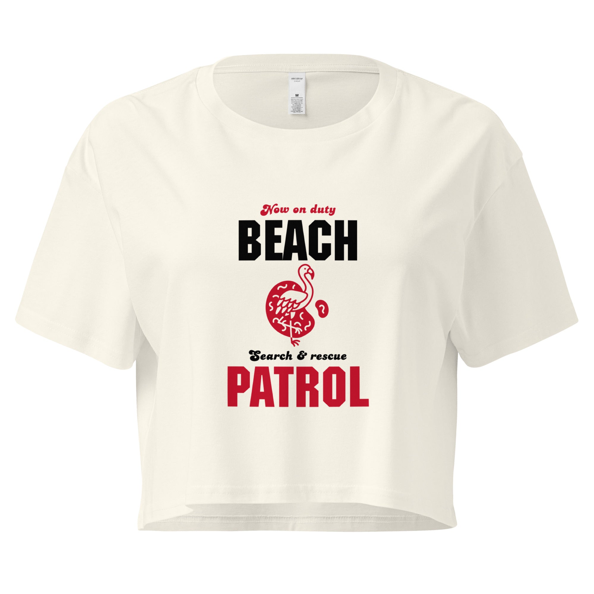 Natural White variant crop top with 'Beach Patrol' text and graphic on a white background