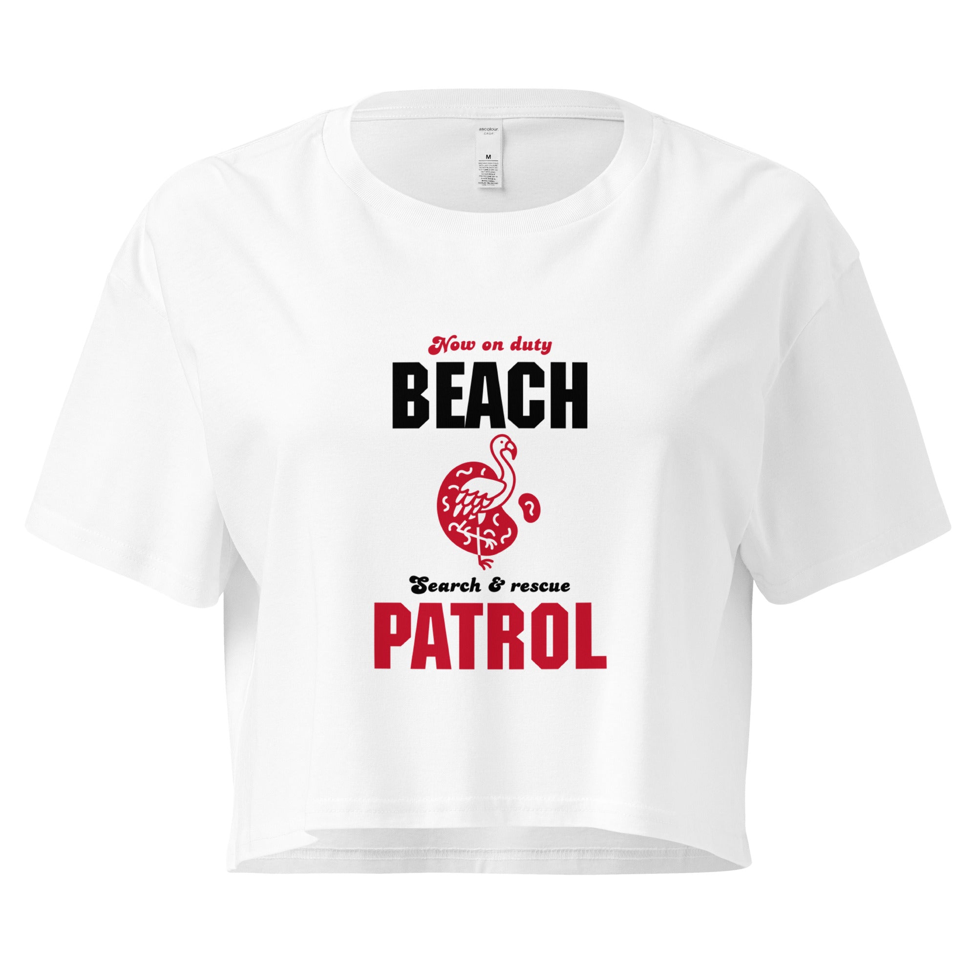 White t-shirt with 'Beach Patrol' text and graphic on a white background