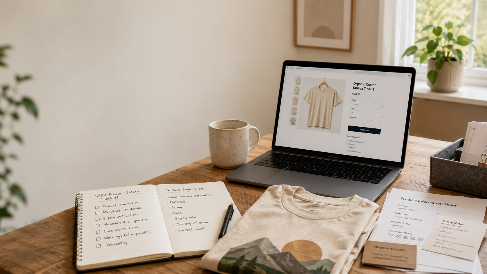 Print-on-demand founder workspace with laptop product page, GPSR product safety checklist, folded apparel sample, and documentation for Shopify product pages.