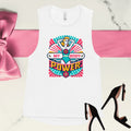 A white muscle tank top with a vibrant graphic design of a woman and the text 'MY BODY POWER' on the front, presented on a marble surface with a pair of black high-heeled shoes and a pink bow to the side.