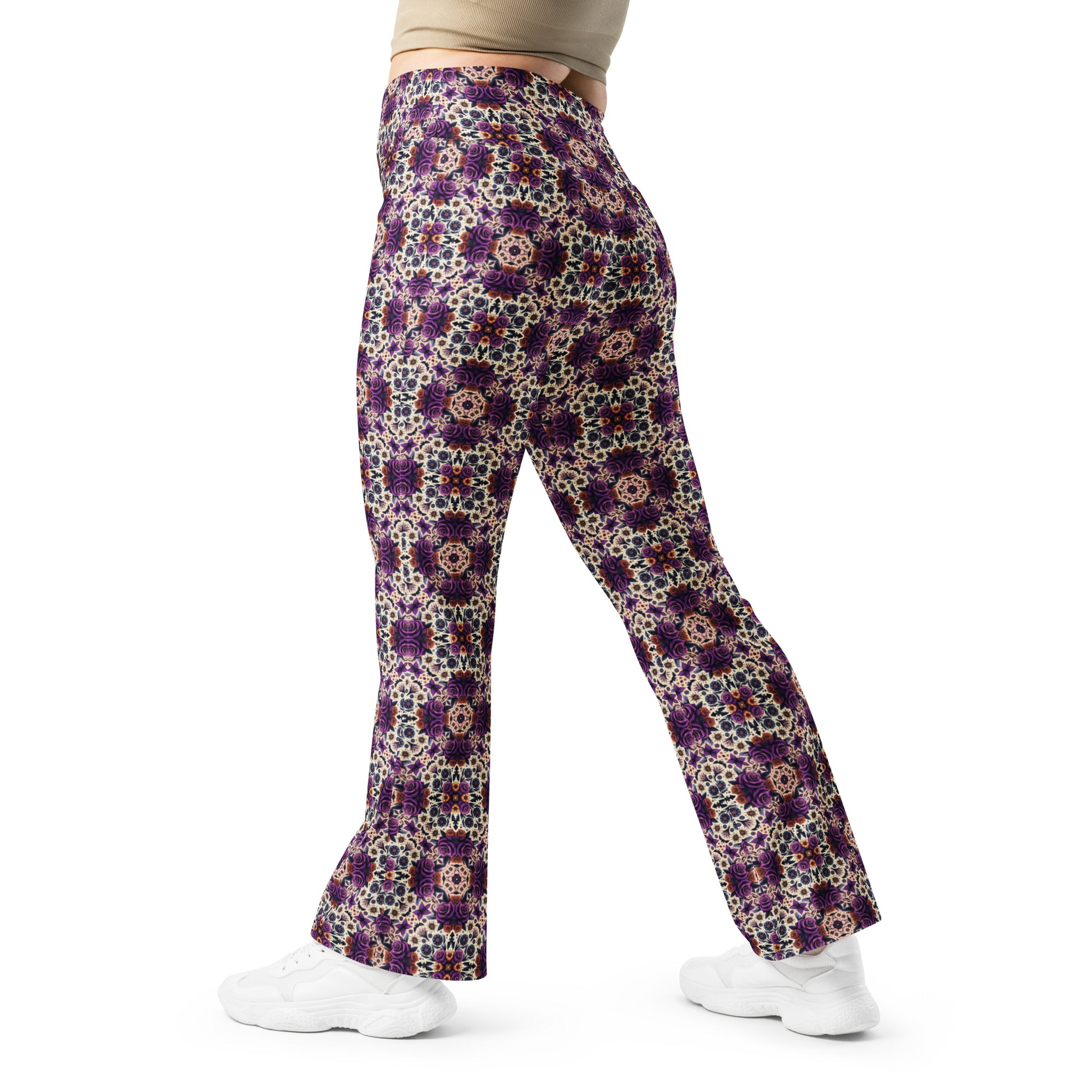 High-Rise Flared Leggings Purple Roses - ErdeGora