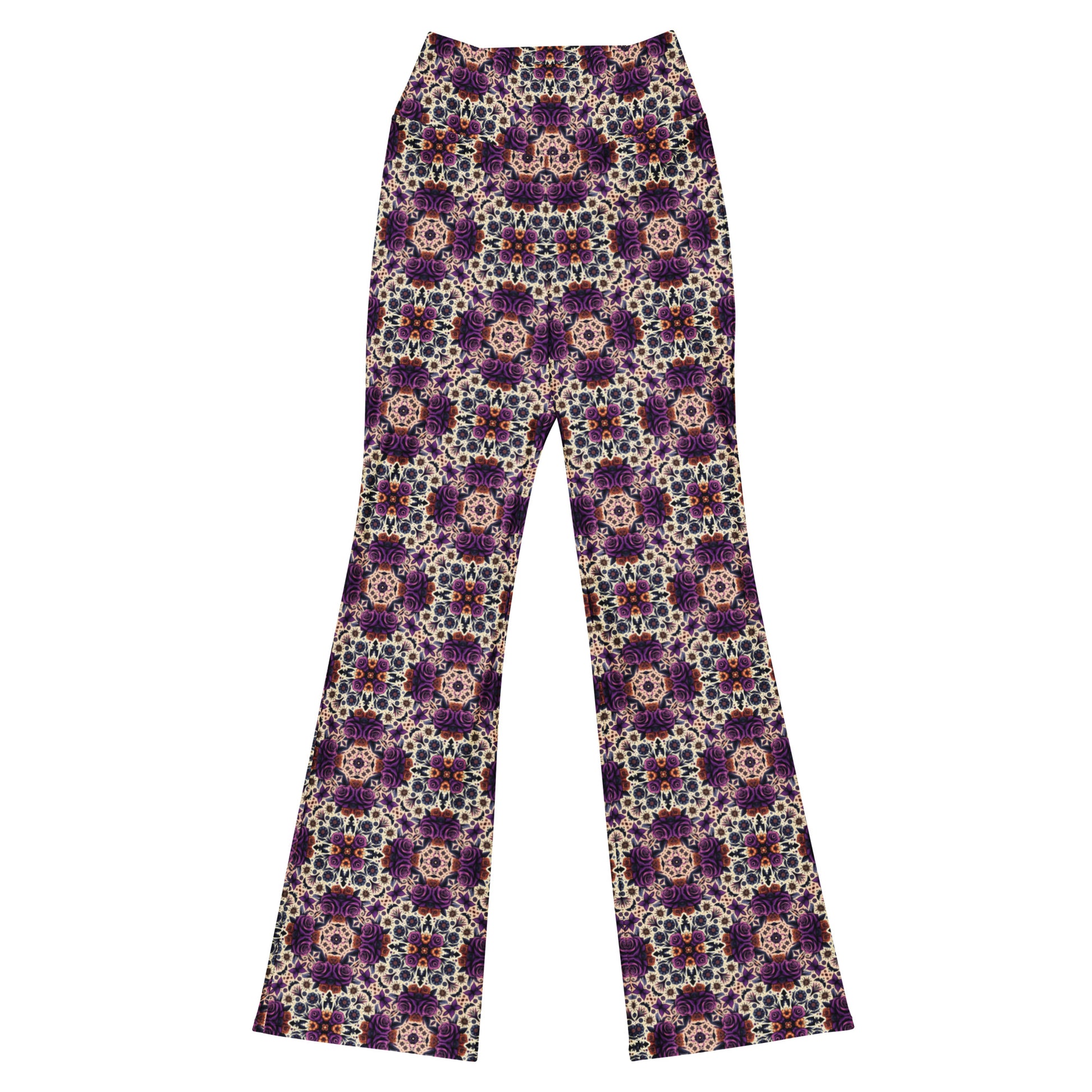 High-Rise Flared Leggings Purple Roses - ErdeGora