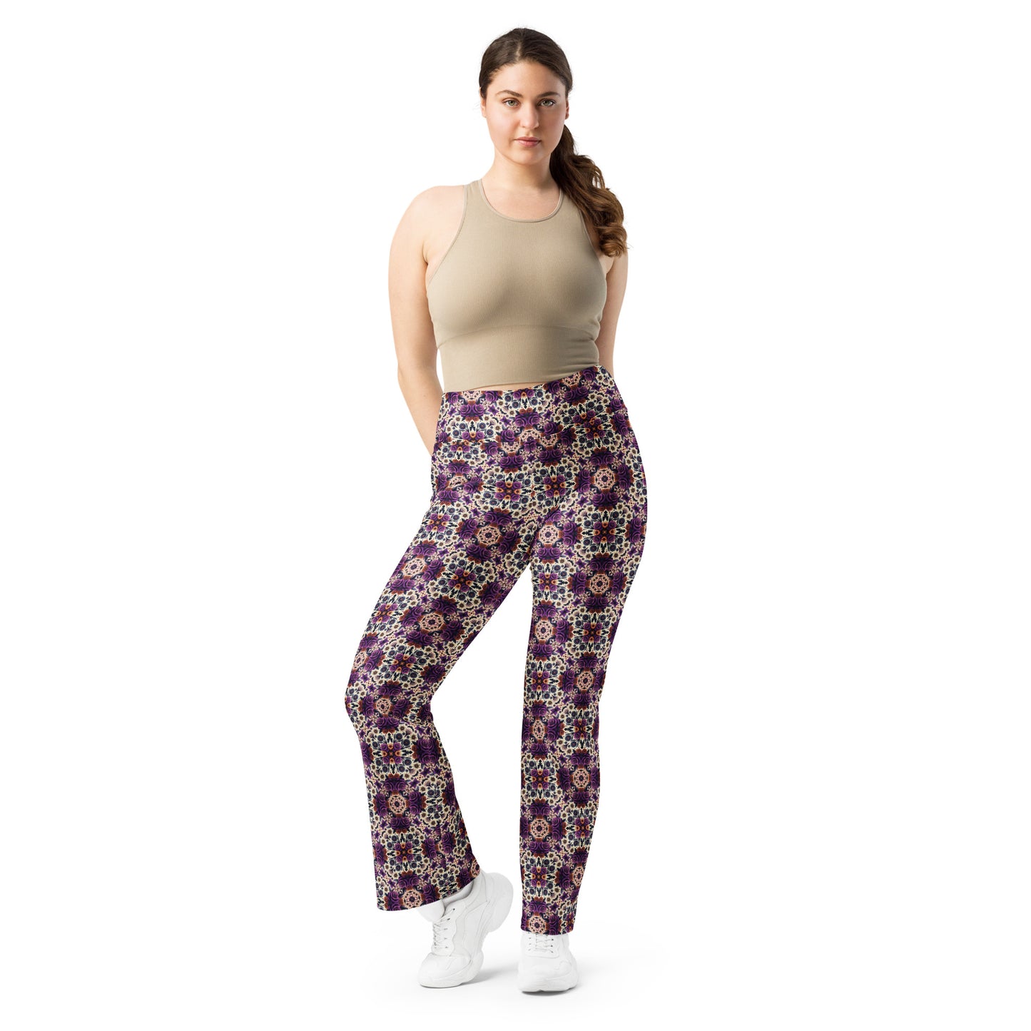 High-Rise Flared Leggings Purple Roses - ErdeGora