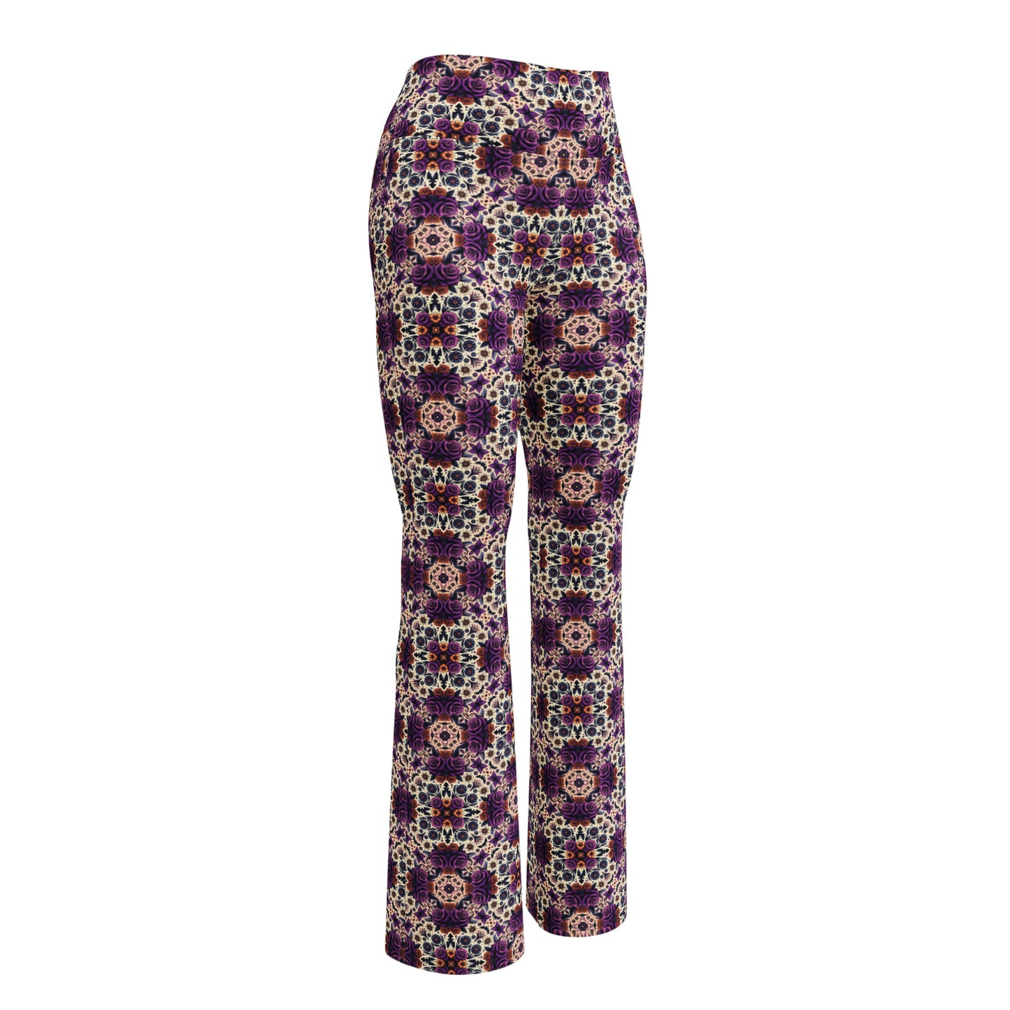 High-Rise Flared Leggings Purple Roses - ErdeGora