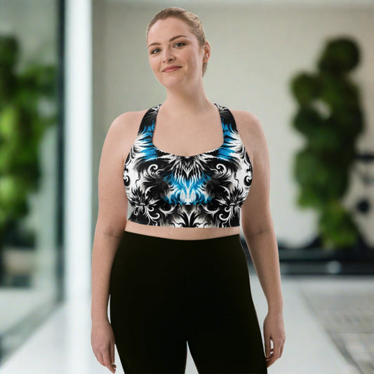 Ghostly Glimmer Longline Sports Bra in black and white with gothic-inspired patterns, offering medium to high-intensity support and style.