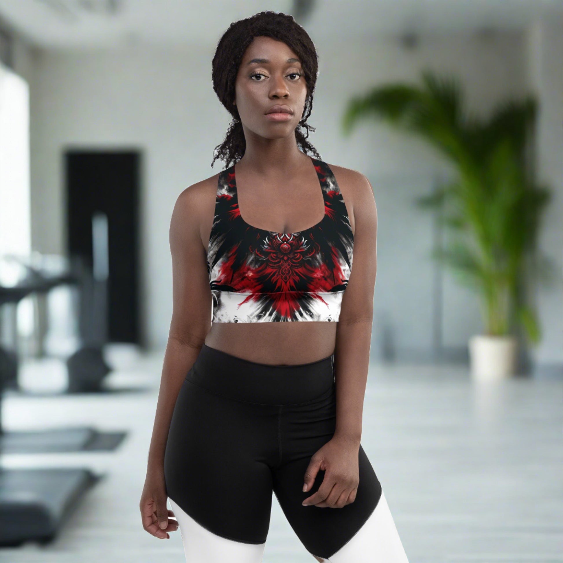 Longline Sports Bra - Crimson Nocturne featuring gothic swirls and dramatic crimson accents, designed for high-intensity support and fashionable versatility.