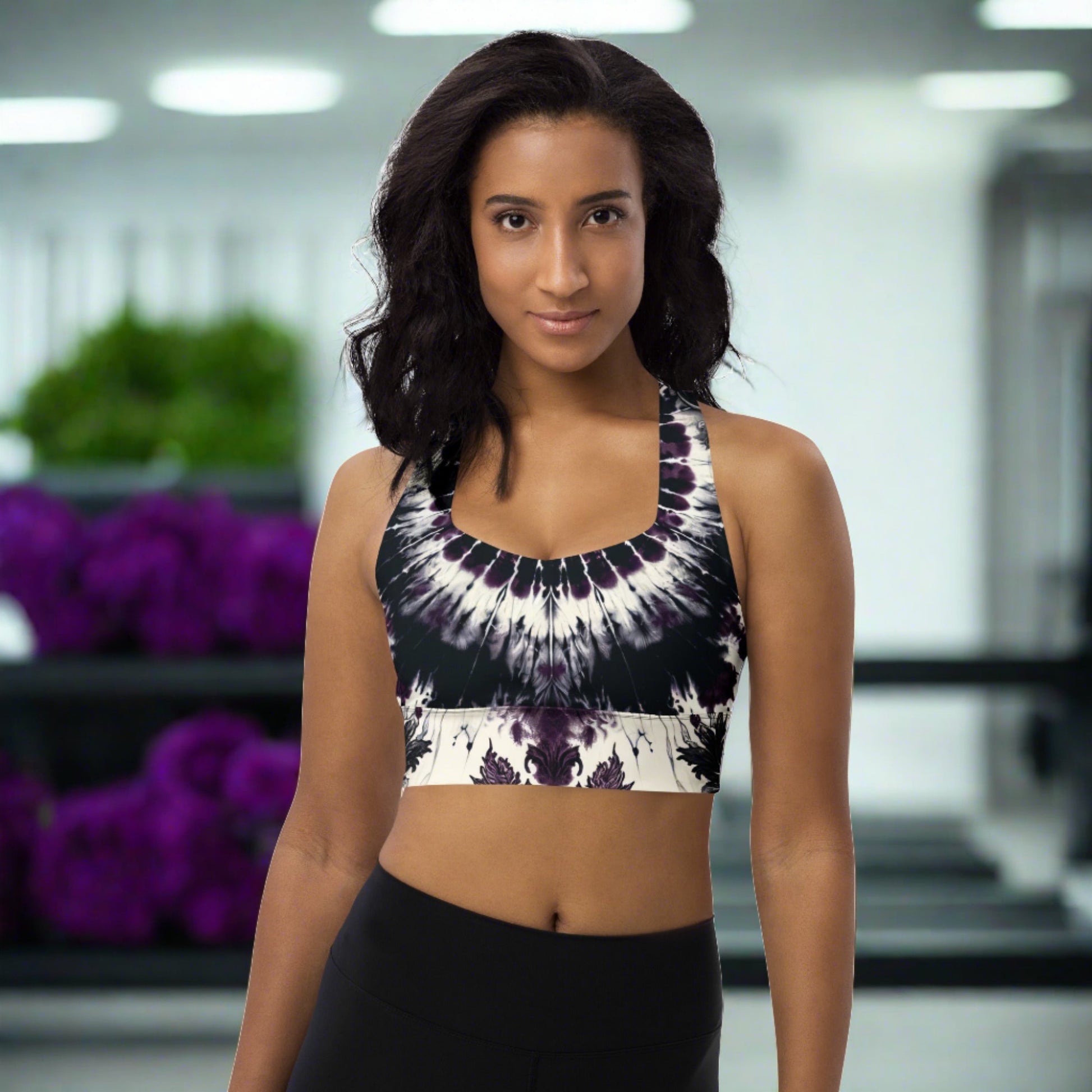 Midnight Mauve Longline Sports Bra featuring a tie-dye effect with mauve and black gothic patterns, perfect for high-intensity workouts and fashion-forward streetwear.