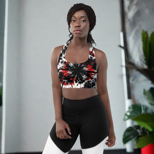 Vampire's Veil Longline Sports Bra featuring a dramatic red, black, and white pattern, designed for those who love to make a bold statement in their workout and wardrobe.