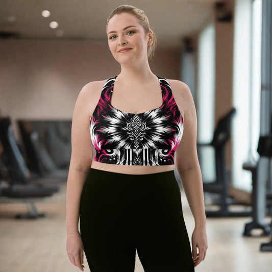 Longline Sports Bra - Gothic Blossom with a dramatic black, white, and pink floral gothic pattern, ideal for both vigorous workouts and fashionable streetwear.