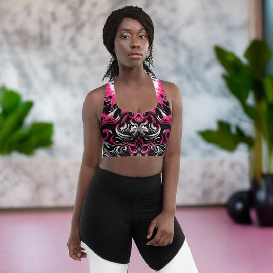 Dark Blush Longline Sports Bra in vivid pink and black with gothic patterns, perfect for standing out in high-intensity workouts and fashionable streetwear