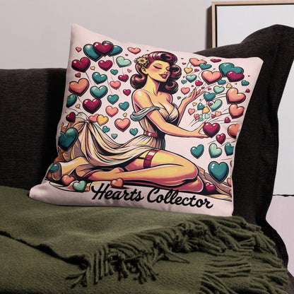 Premium Pin-Up Hearts Collector Elegance Pillow showcasing vibrant hearts and retro pin-up art.