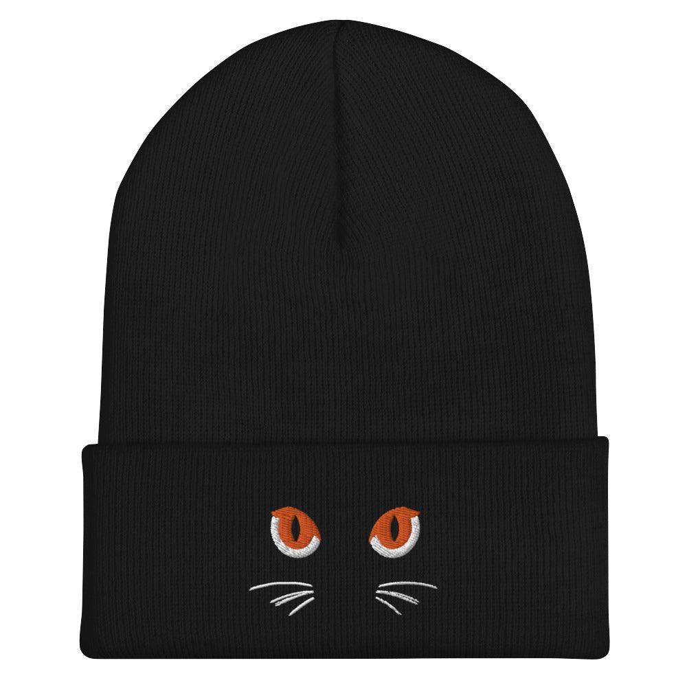 Black Cuffed Beanie Cute Cat Eyes Embroidery - ErdeGora