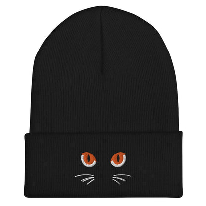 Black Cuffed Beanie Cute Cat Eyes Embroidery - ErdeGora