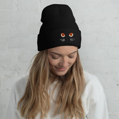 Black Cuffed Beanie Cute Cat Eyes Embroidery - ErdeGora