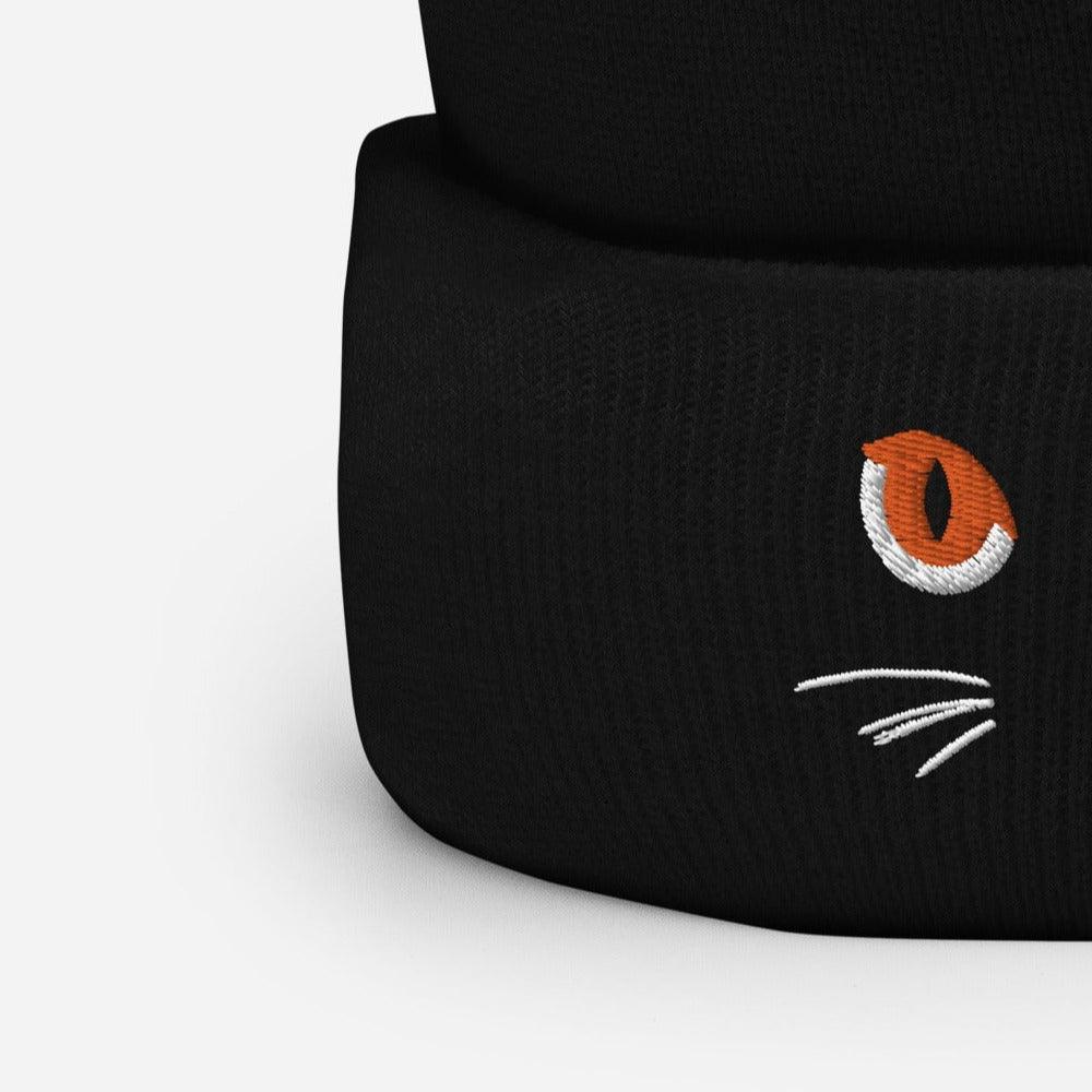 Black Cuffed Beanie Cute Cat Eyes Embroidery - ErdeGora