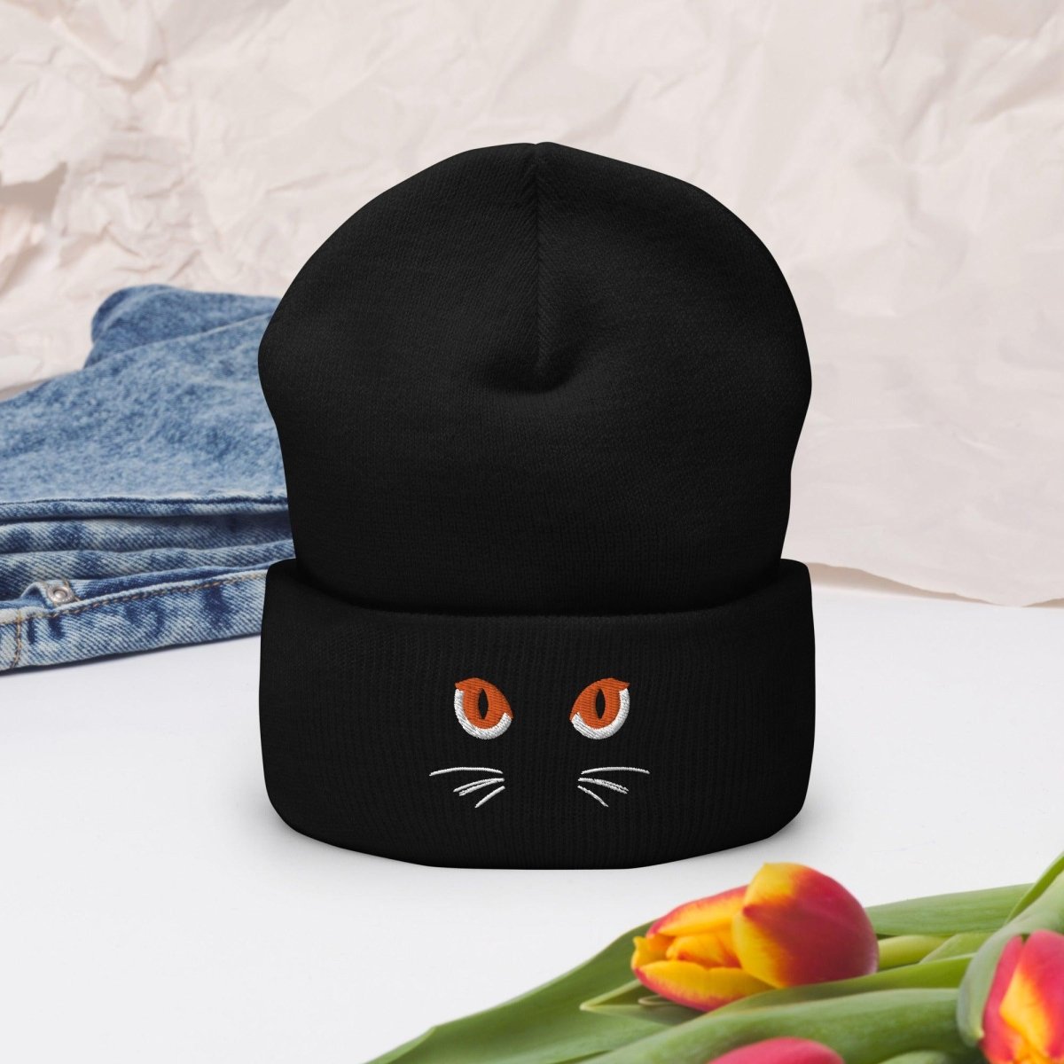 Black Cuffed Beanie Cute Cat Eyes Embroidery - ErdeGora