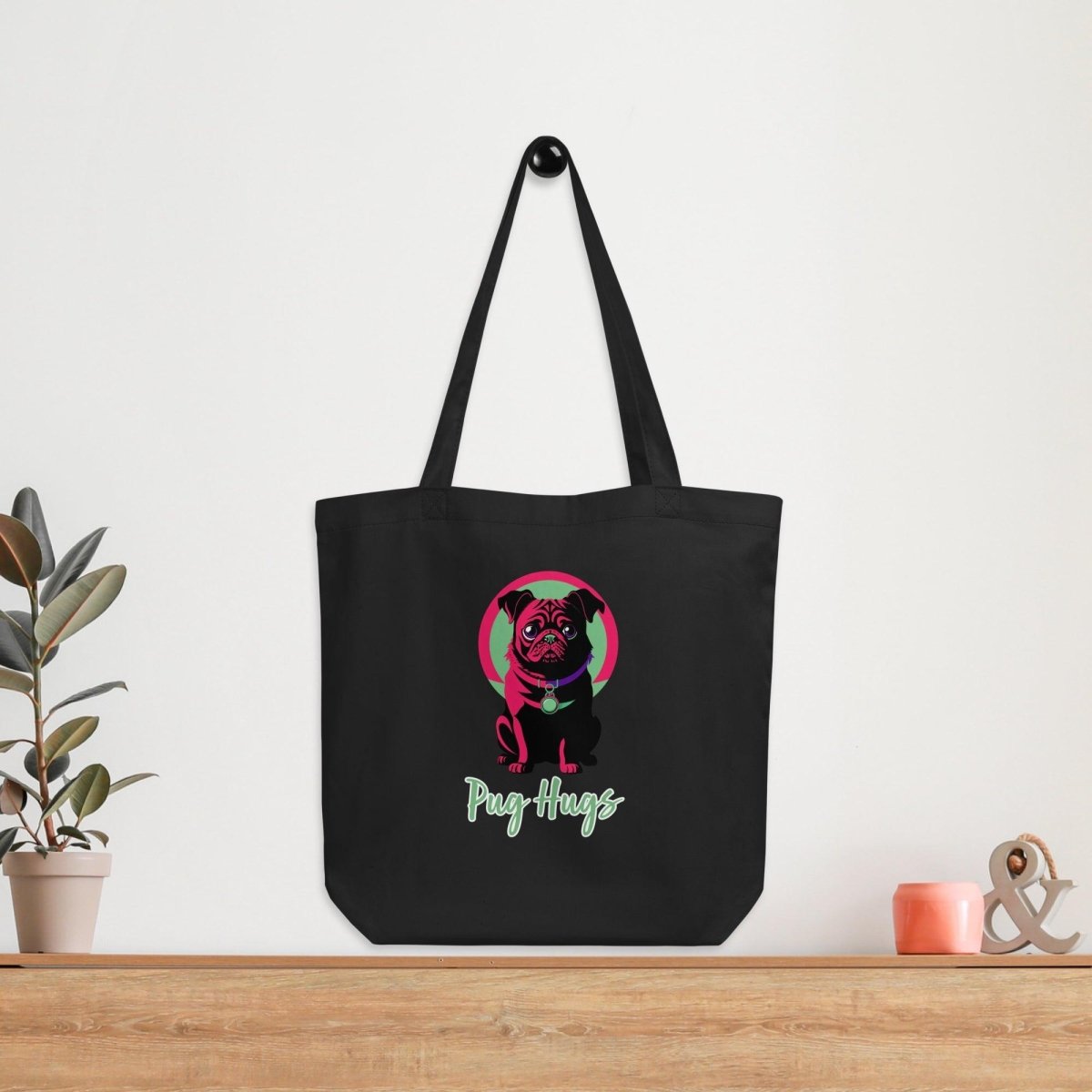 Black Eco Tote Bag Angel Pug Hugs - ErdeGora