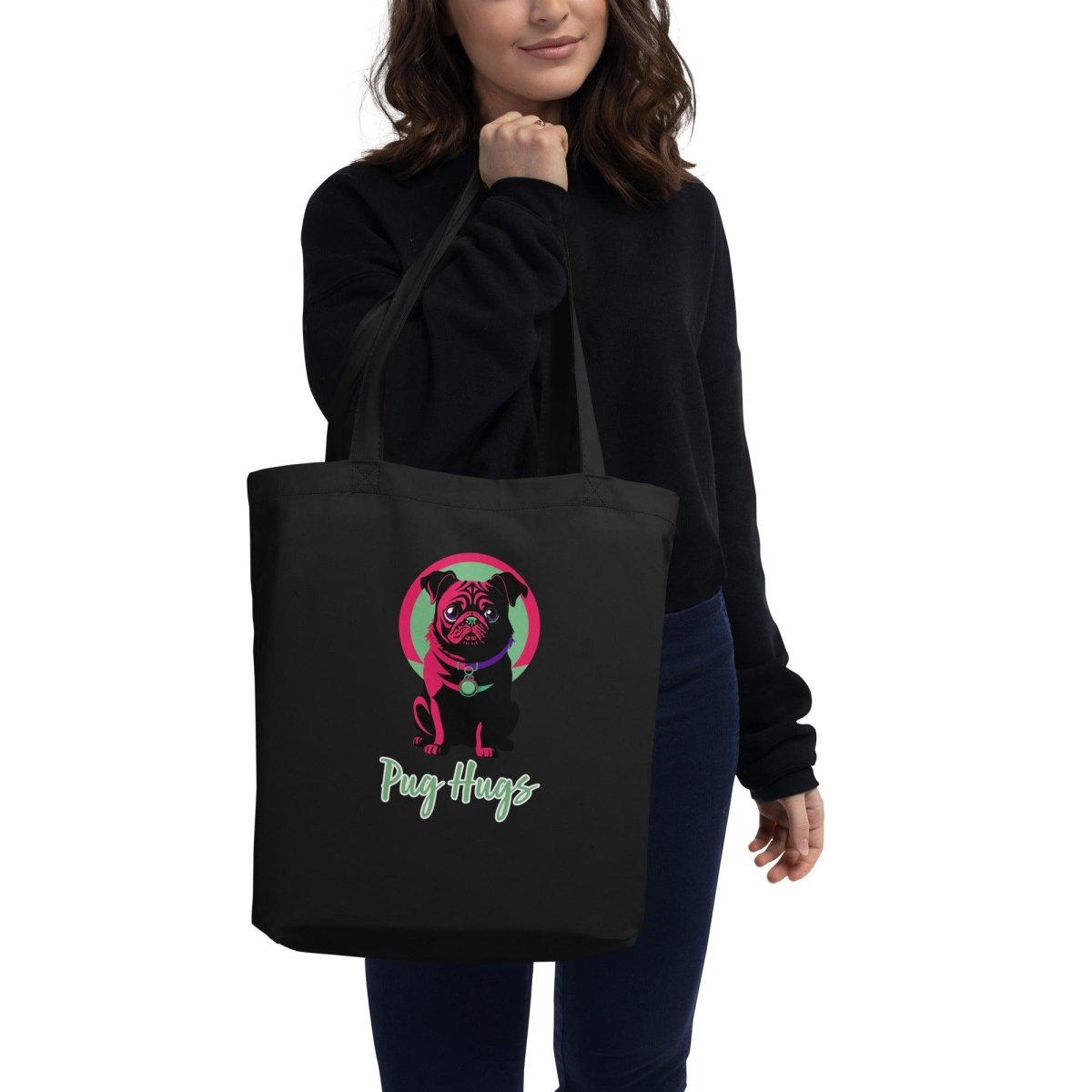 Black Eco Tote Bag Angel Pug Hugs - ErdeGora