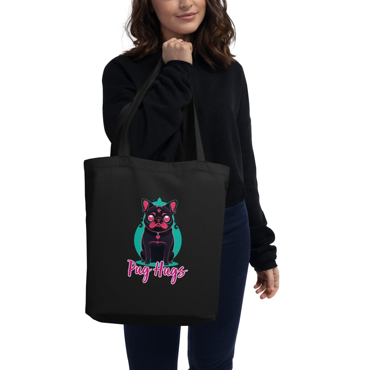 Black Eco Tote Bag Candy Pug Hugs - ErdeGora