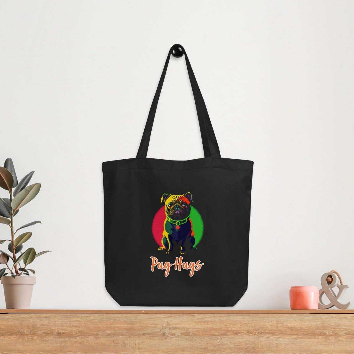 Black Eco Tote Bag Pop Pug Hugs - ErdeGora