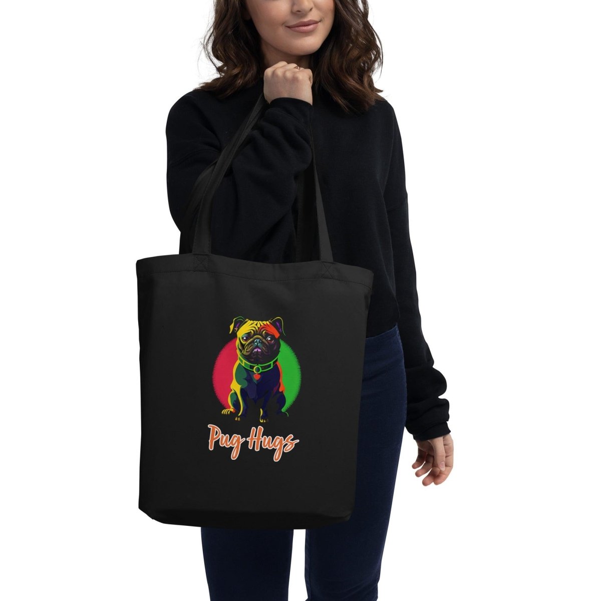 Black Eco Tote Bag Pop Pug Hugs - ErdeGora