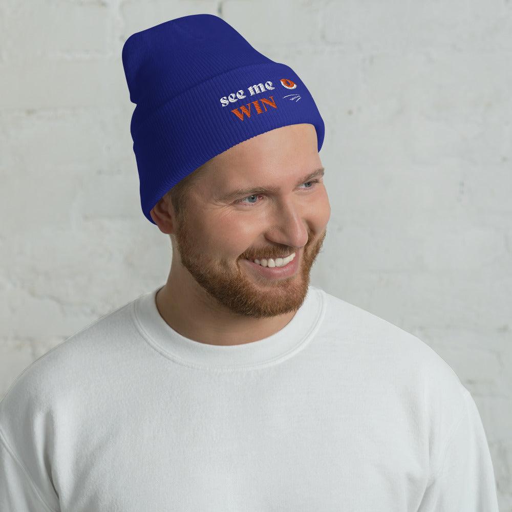 Blue Cuffed Beanie See Me Win Embroidery - ErdeGora