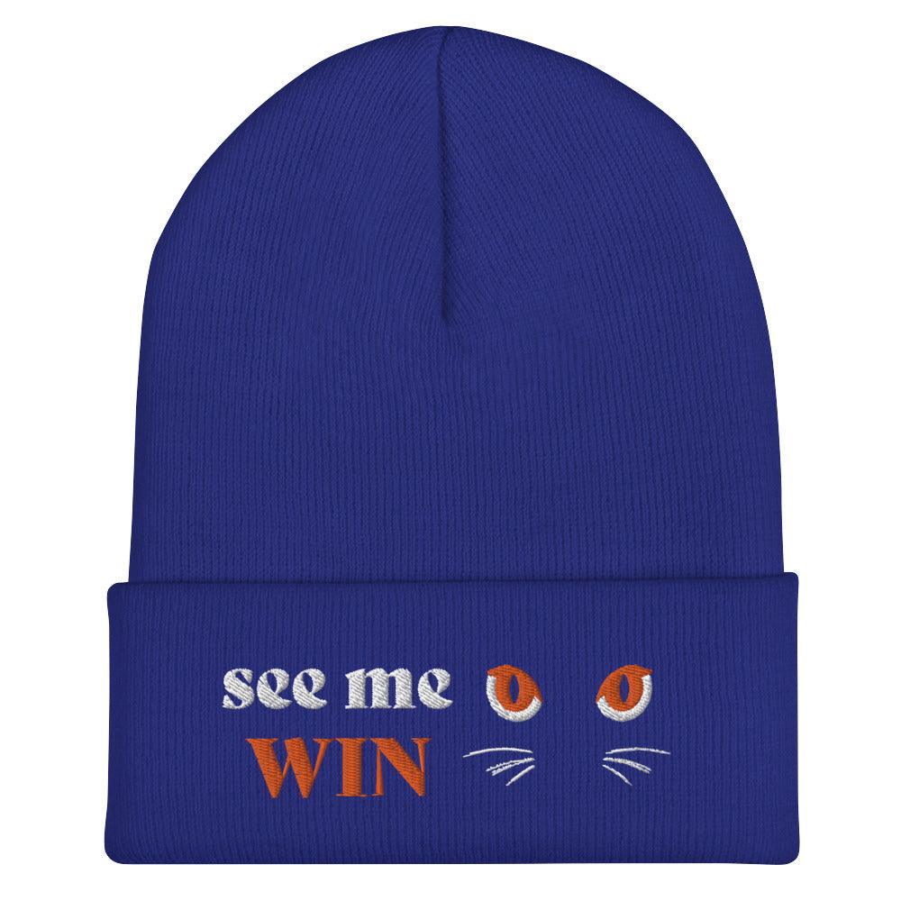 Blue Cuffed Beanie See Me Win Embroidery - ErdeGora