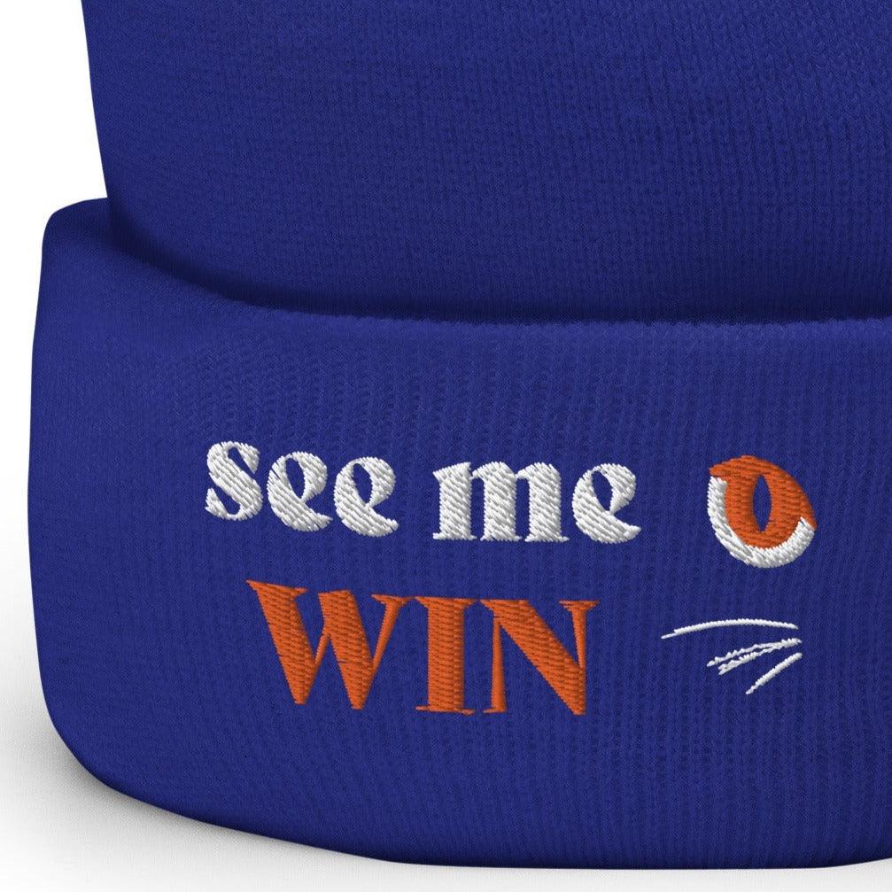 Blue Cuffed Beanie See Me Win Embroidery - ErdeGora