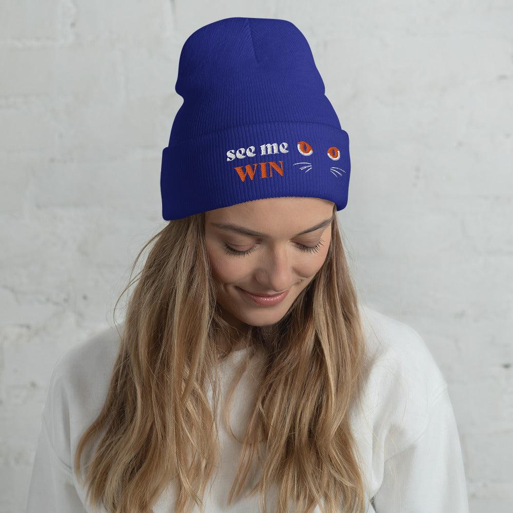 Blue Cuffed Beanie See Me Win Embroidery - ErdeGora