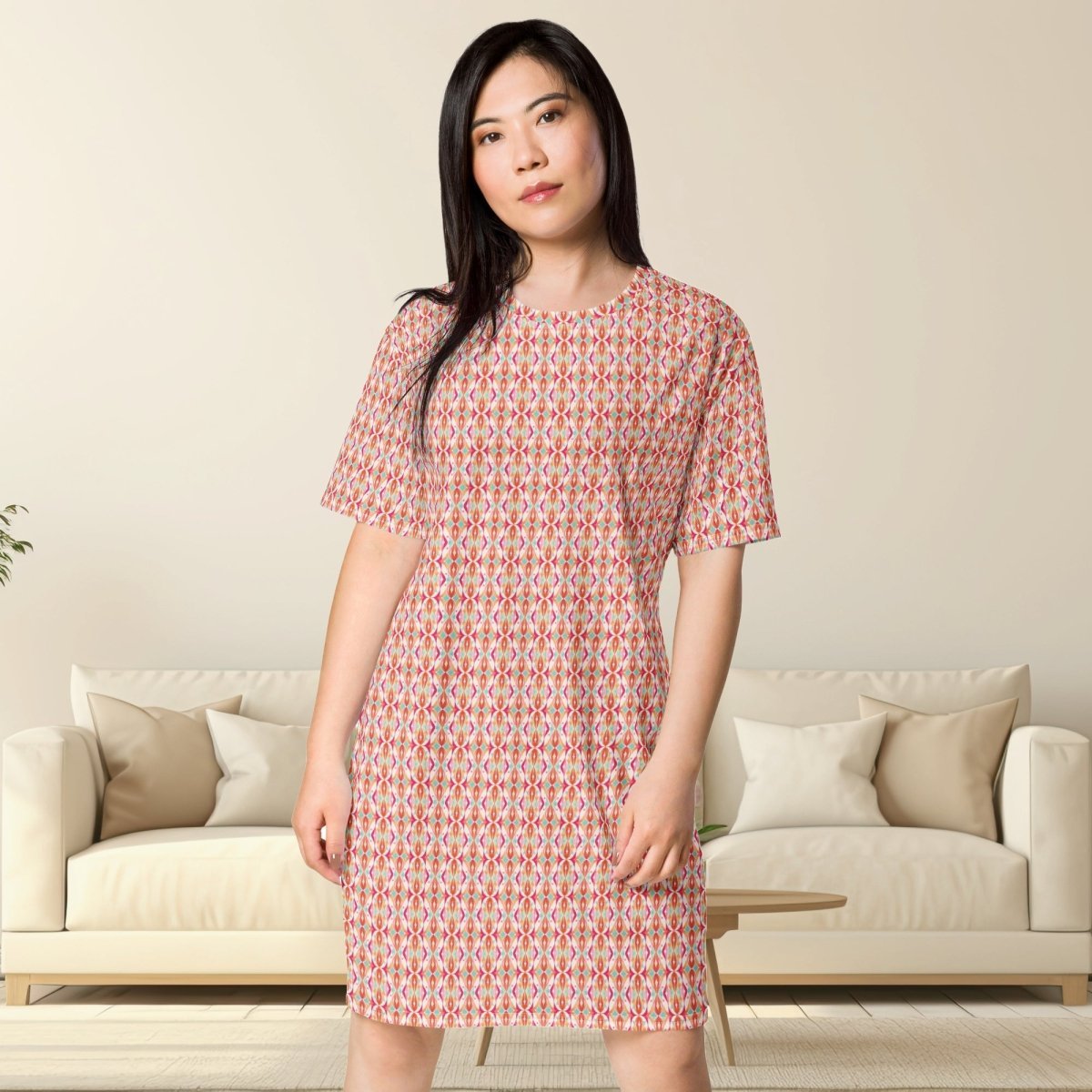 Casual T - shirt Dress Geometric Blossom - ErdeGora