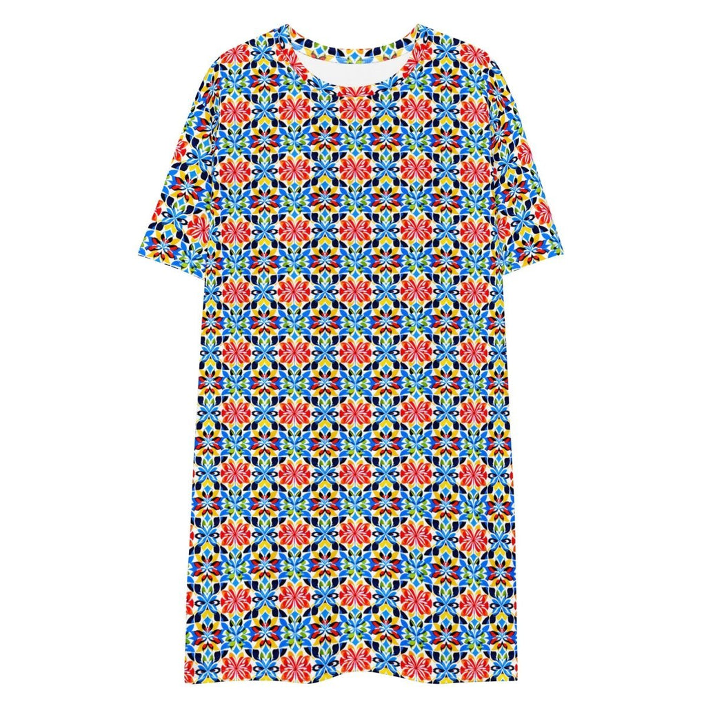 Casual T - Shirt Dress Mosaic Blooms - ErdeGora