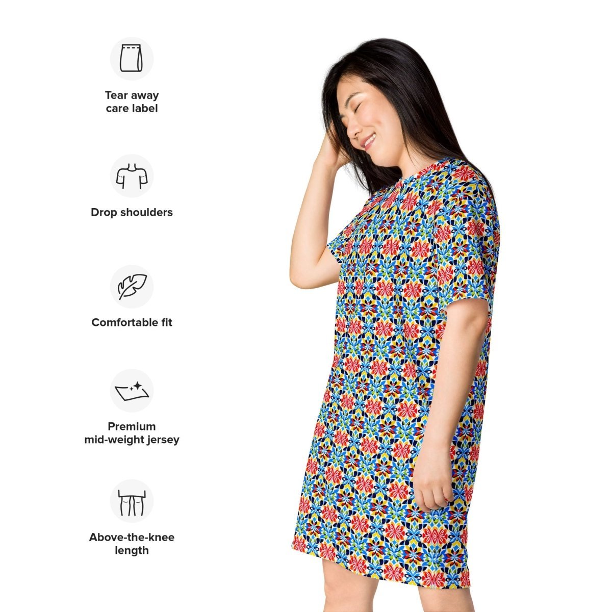 Casual T - Shirt Dress Mosaic Blooms - ErdeGora