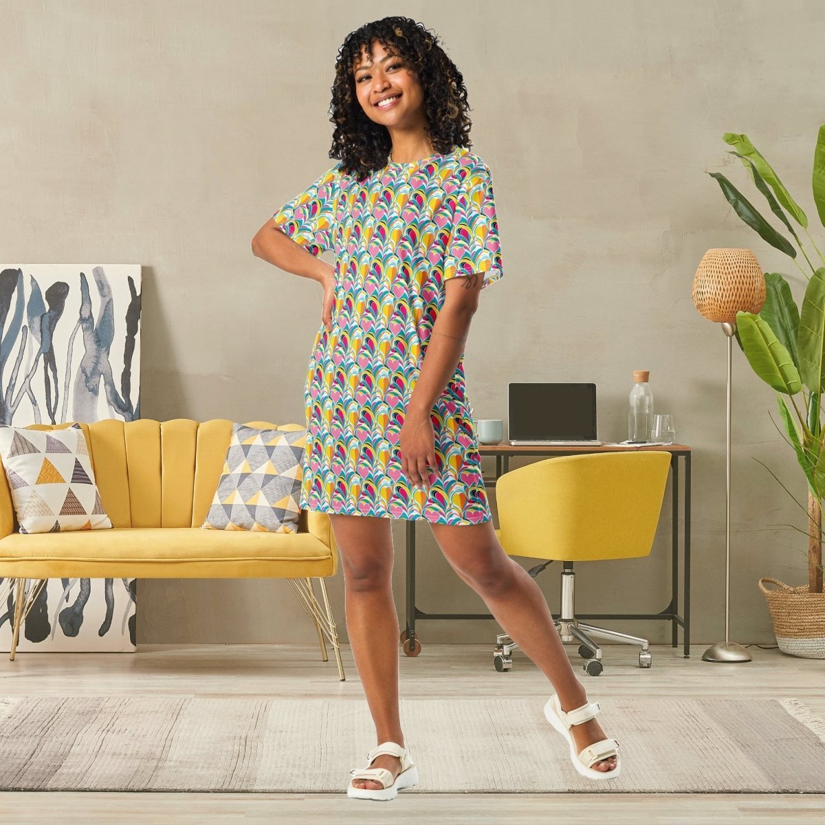 Casual T - Shirt Dress Rainbow Burst of Hearts - ErdeGora